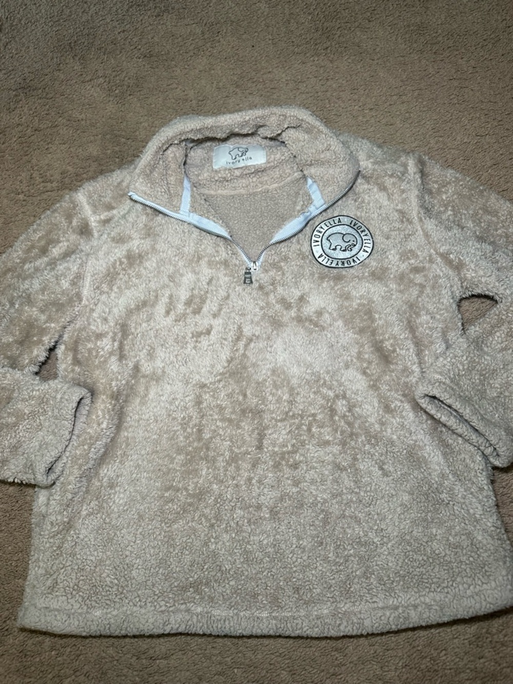 Ivory Ella Women’s Sherpa 1/4 Pullover Embroiled Logo Size Medium Khaki Beige